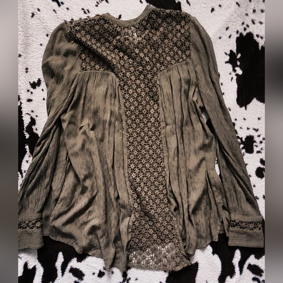 "FREE PEOPLE" WOMEN'S TUNIC LACE BLOUSE - MOSS GREEN - Picture 4 of 5